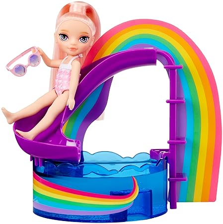 Rainbow High Littles Pool Day Playset + Small Doll, Pink, 5.5", Pool with Rainbow Slide, Accessories, Smoothie Stand, Kids Gift, Ages 4+