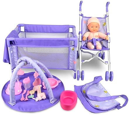 ANIVIA Baby Doll Stroller Set with 5 Accessories - Role Play Nursery Set, Includes Doll Stroller, Crib, Play Mat, Feeding Toy, Diaper Bag (11" Doll)