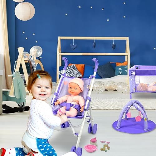 ANIVIA Baby Doll Stroller Set with 5 Accessories - Role Play Nursery Set, Includes Doll Stroller, Crib, Play Mat, Feeding Toy, Diaper Bag (11" Doll)