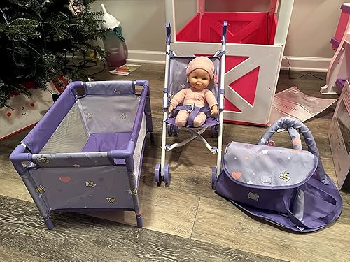 ANIVIA Baby Doll Stroller Set with 5 Accessories - Role Play Nursery Set, Includes Doll Stroller, Crib, Play Mat, Feeding Toy, Diaper Bag (11" Doll)