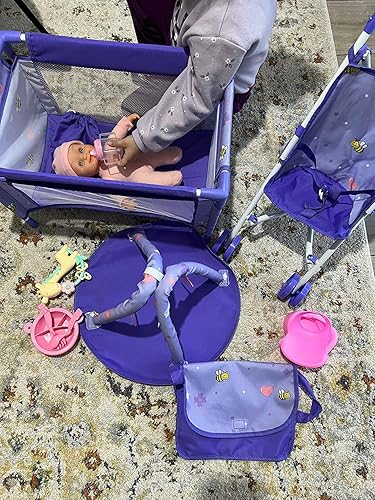 ANIVIA Baby Doll Stroller Set with 5 Accessories - Role Play Nursery Set, Includes Doll Stroller, Crib, Play Mat, Feeding Toy, Diaper Bag (11" Doll)