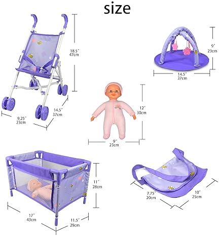 ANIVIA Baby Doll Stroller Set with 5 Accessories - Role Play Nursery Set, Includes Doll Stroller, Crib, Play Mat, Feeding Toy, Diaper Bag (11" Doll)