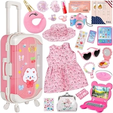 Doll Travel Set with 26 Accessories - Unicorn Bag, Sunglasses, Camera, Passport - Gift for Girls 3-6