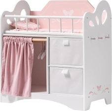 ROBUD Wooden Baby Doll Crib with Storage and Bedding, Pink, Fits Dolls Up to 22 Inches