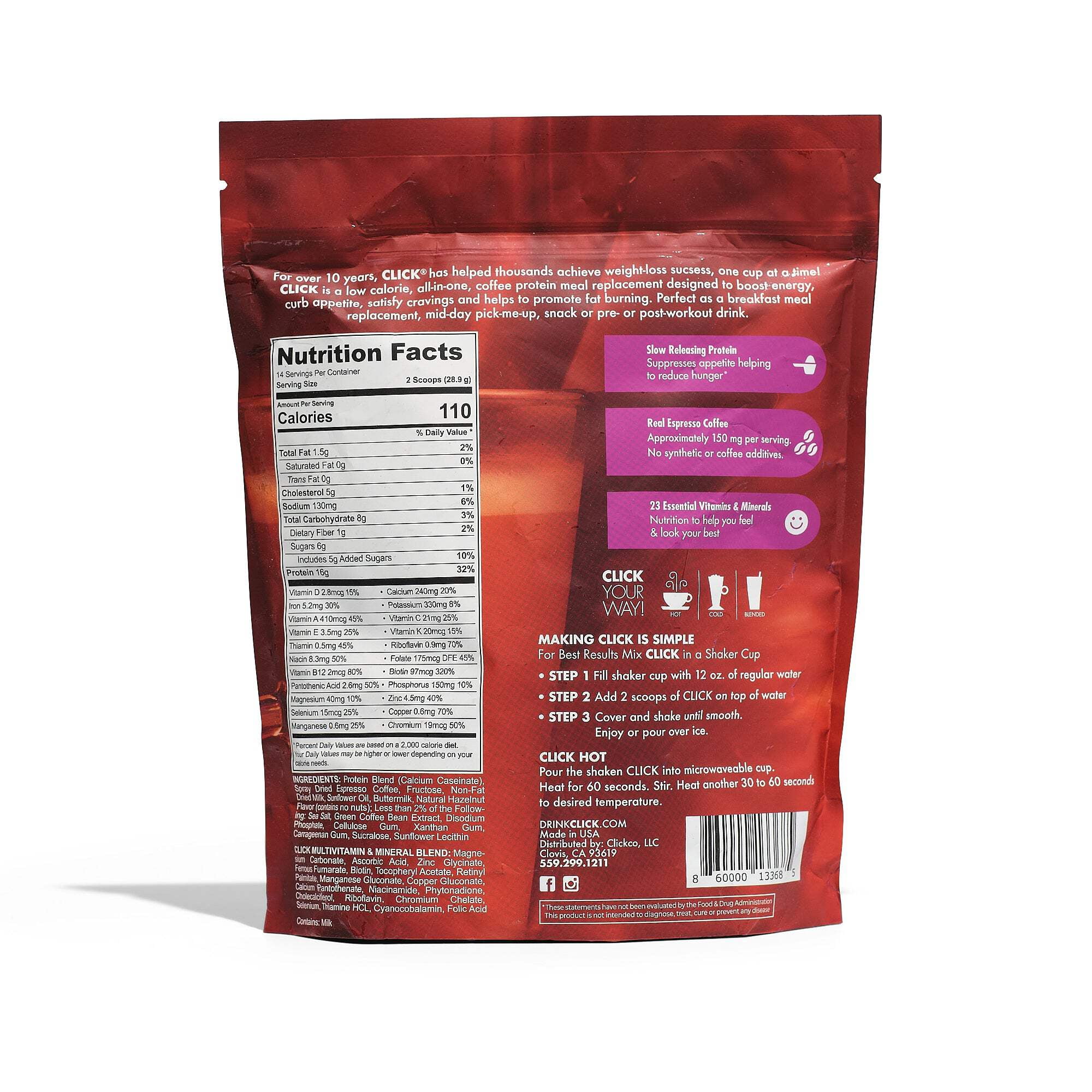 CLICK Mocha Coffee Protein Powder Meal Replacement - Energizing & Delicious