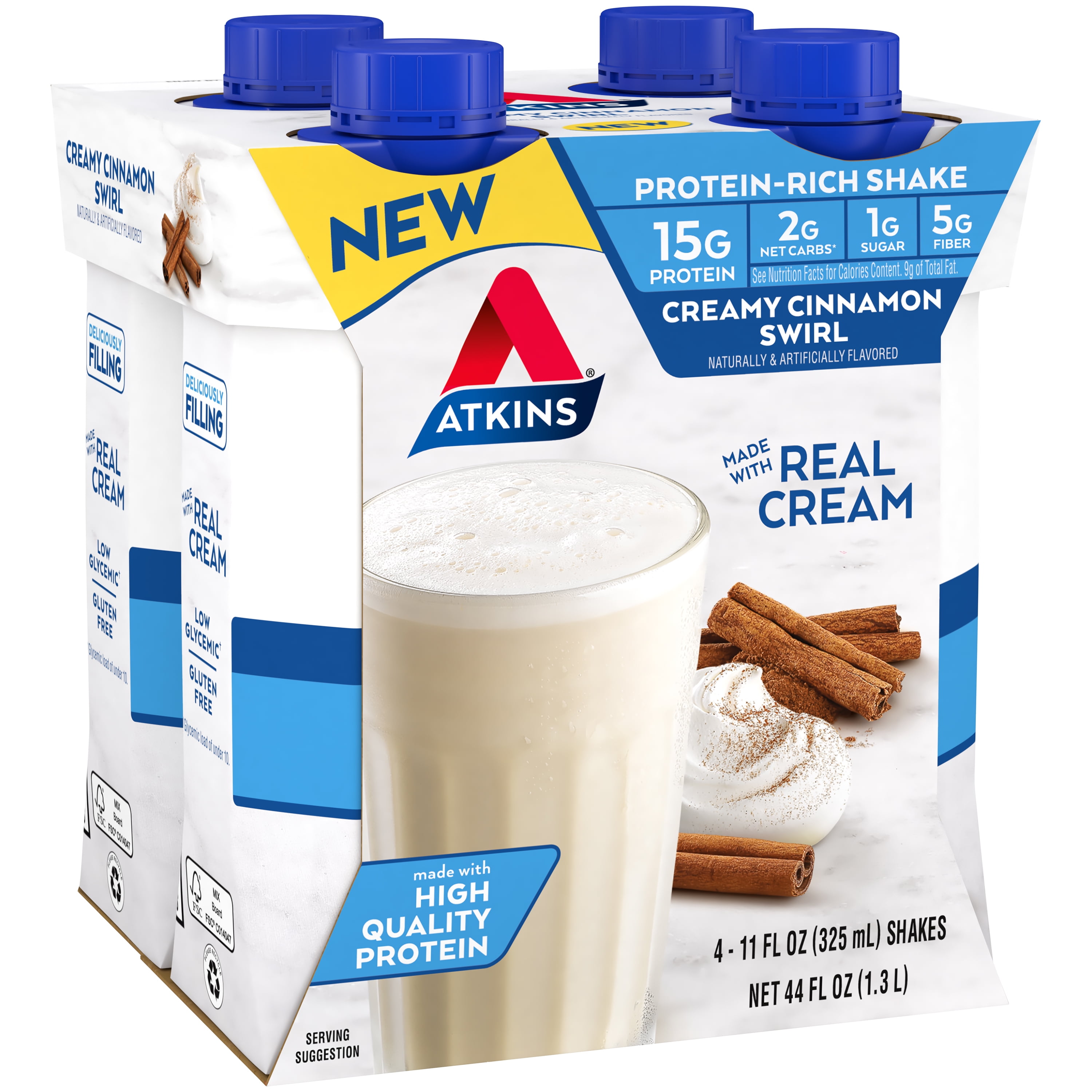 ATKINS CREAMY CINNAMON SWIRL PROTEIN SHAKE, 4-PACK - LOW GLYCEMIC & HIGH PROTEIN