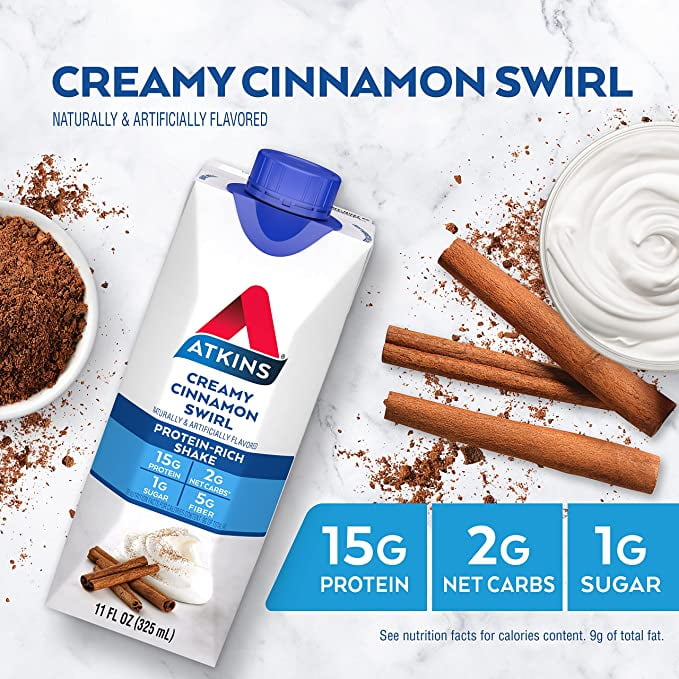 ATKINS CREAMY CINNAMON SWIRL PROTEIN SHAKE, 4-PACK - LOW GLYCEMIC & HIGH PROTEIN