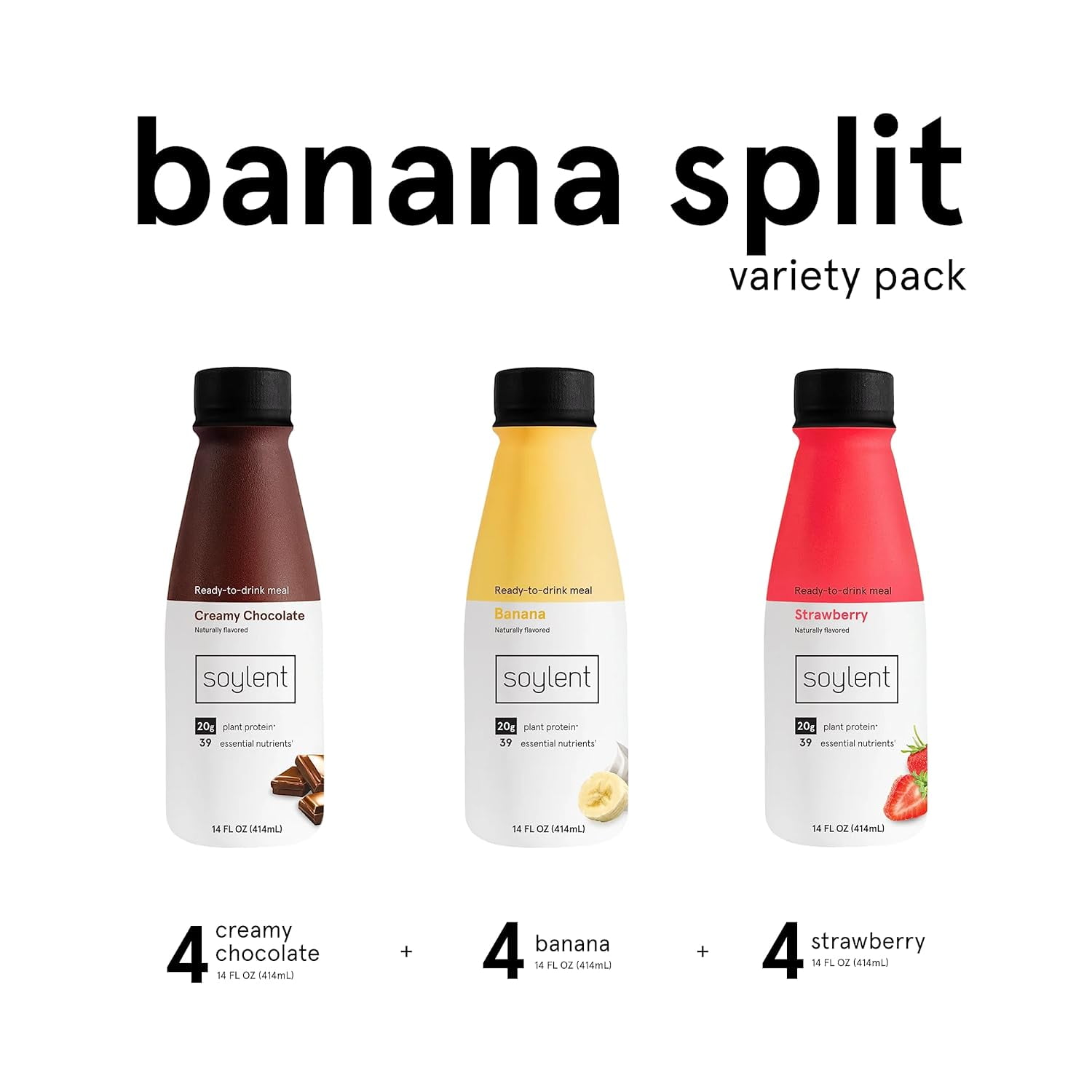 Soylent Vegan Meal Replacement Shake 14oz Plant Protein, Ready-to-Drink, Banana Split Variety Pack - 12 Pack