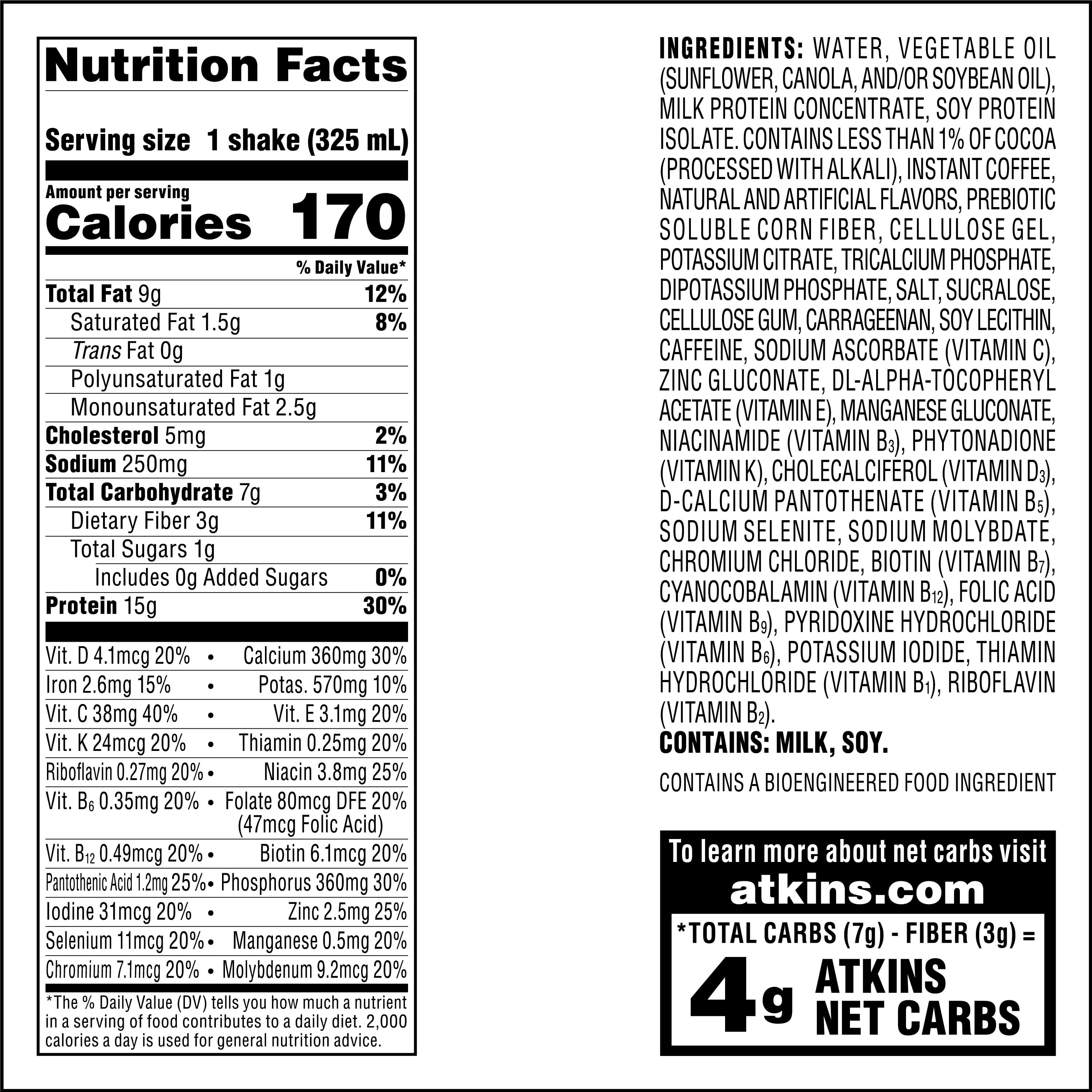 ATKINS MOCHA LATTE PROTEIN SHAKE 3-PACK, KETO & GLUTEN-FREE, 4 CT (READY TO DRINK)