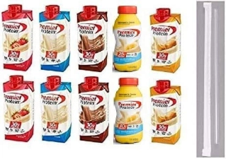 Premier Protein Shakes Variety Pack - 10 Low Carb High Protein Drinks with 5 Flavors - Chocolate, Strawberry, Vanilla, Banana, Caramel + 10 Straws