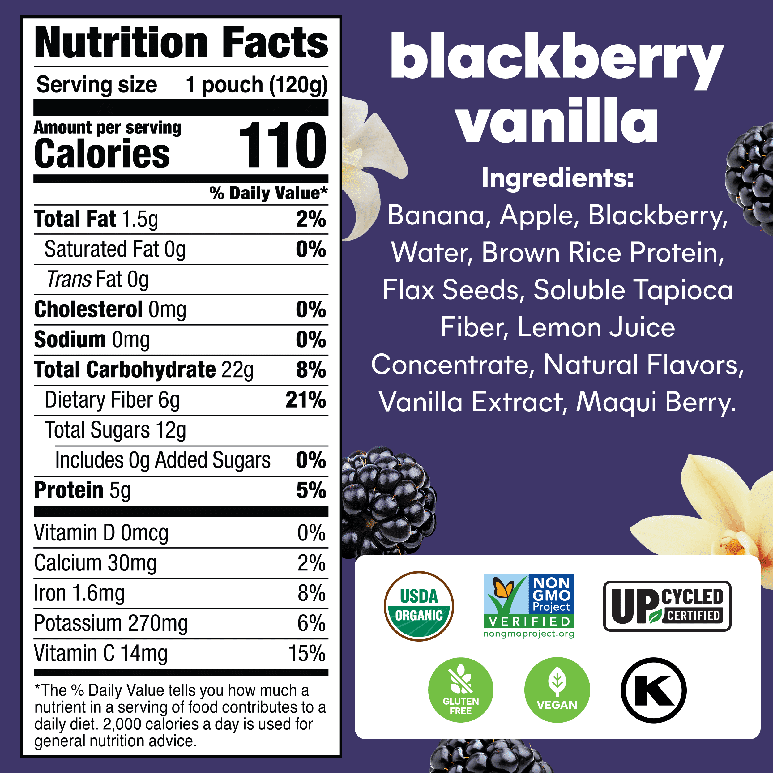 NOKA ORGANIC BLACKBERRY VANILLA SUPERFOOD SMOOTHIE POUCHES, 4-4.22 OZ, PACK OF 4 - SHELF STABLE