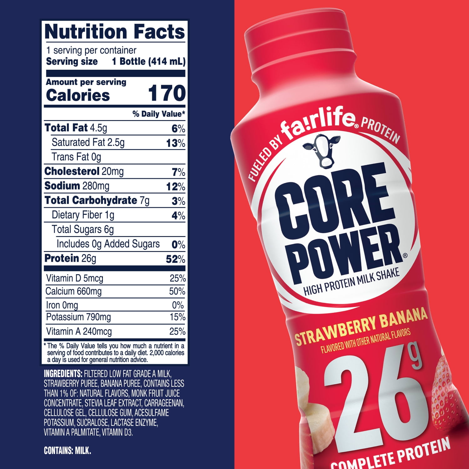 CORE POWER STRAWBERRY BANANA PROTEIN SHAKE, 26G, 14 FL OZ, PACK OF 12