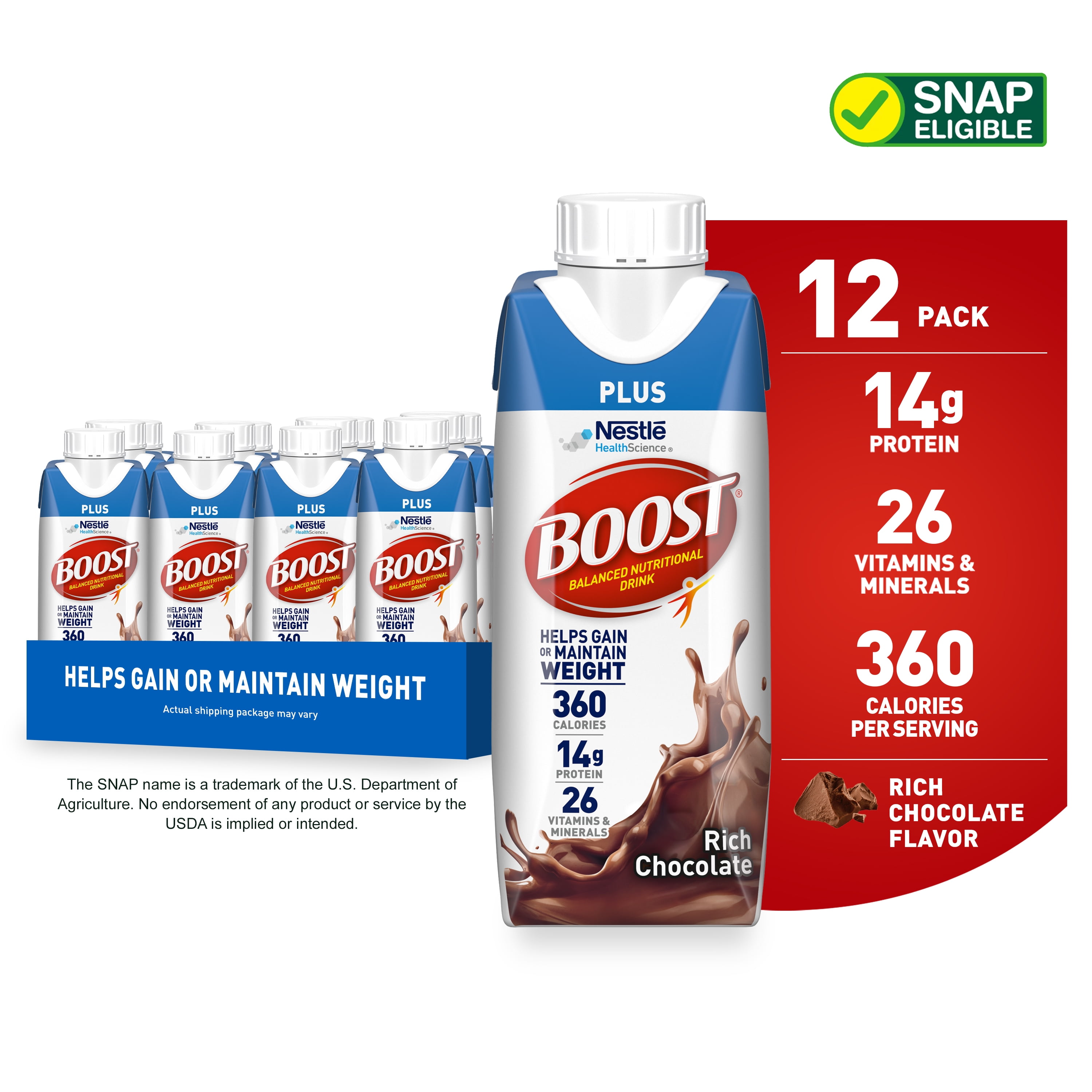 BOOST PLUS RICH CHOCOLATE PROTEIN SHAKE, 8 FL OZ, 12 PACK