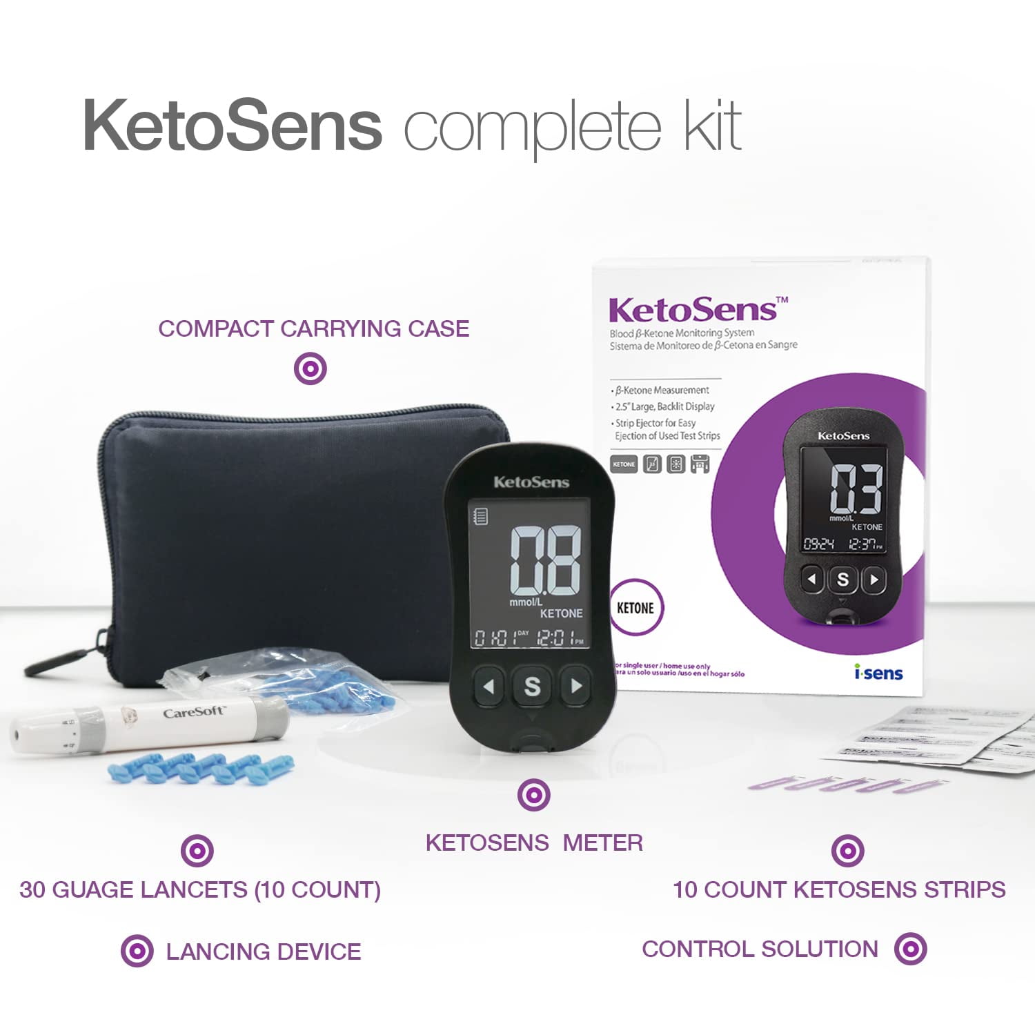 KetoSens Blood Ketone Monitor Kit - Includes Meter, Strips, Lancets & Case - Ideal Gift Set