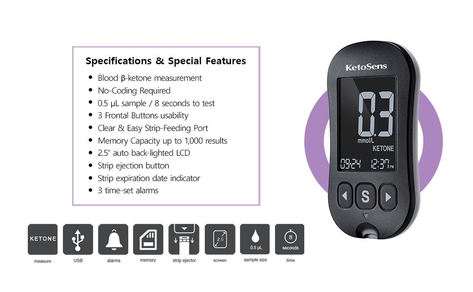KetoSens Blood Ketone Monitor Kit - Includes Meter, Strips, Lancets & Case - Ideal Gift Set