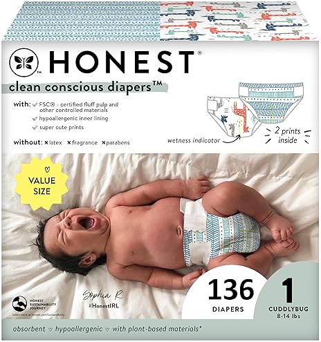 The Honest Company Sensitive Skin Diapers | Hypoallergenic & Fragrance-Free | Gender-Neutral Prints | Size 1 (8-14 lbs), 136 Count