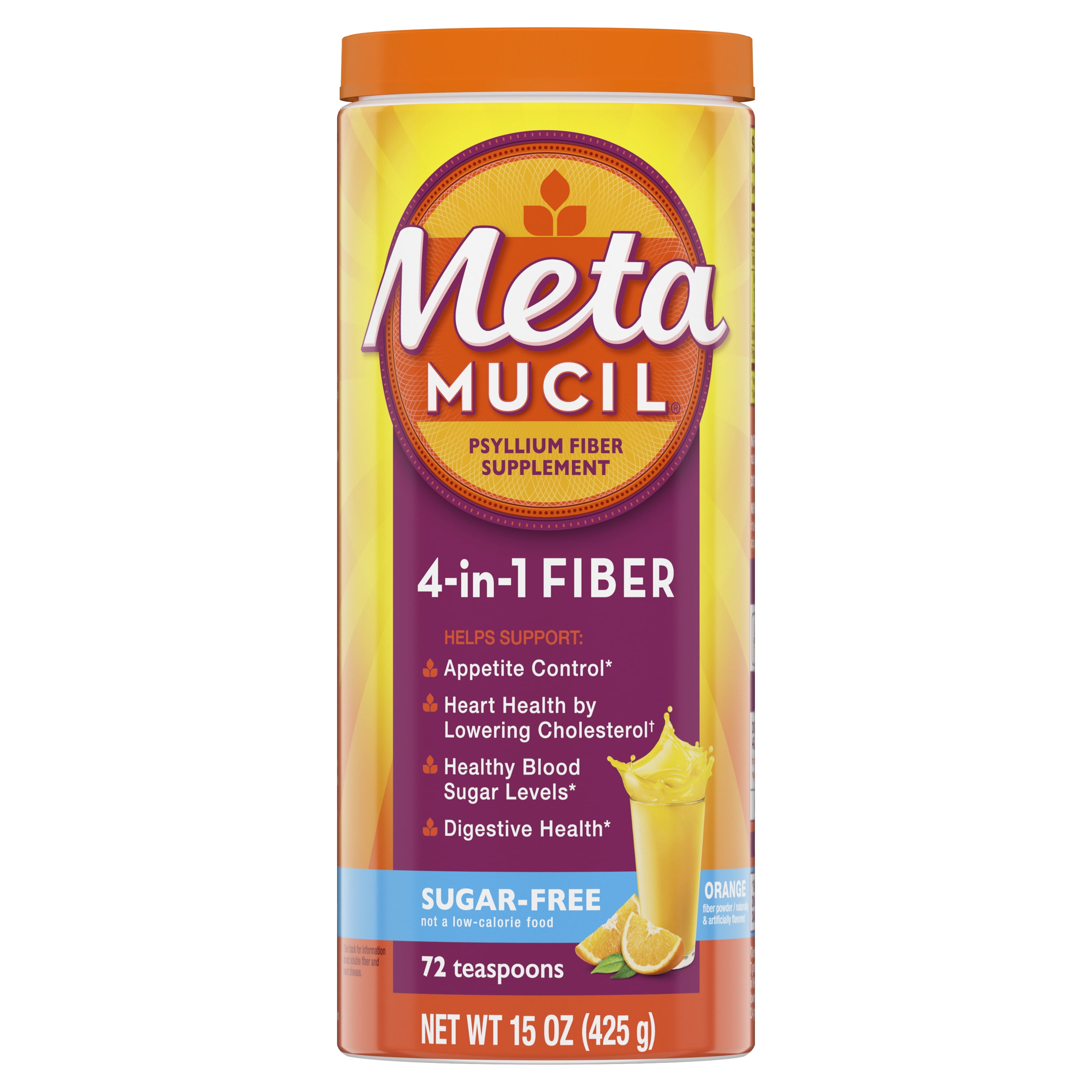 Metamucil Sugar-Free Fiber Powder for Digestive Health, Orange Flavor - 72 Servings