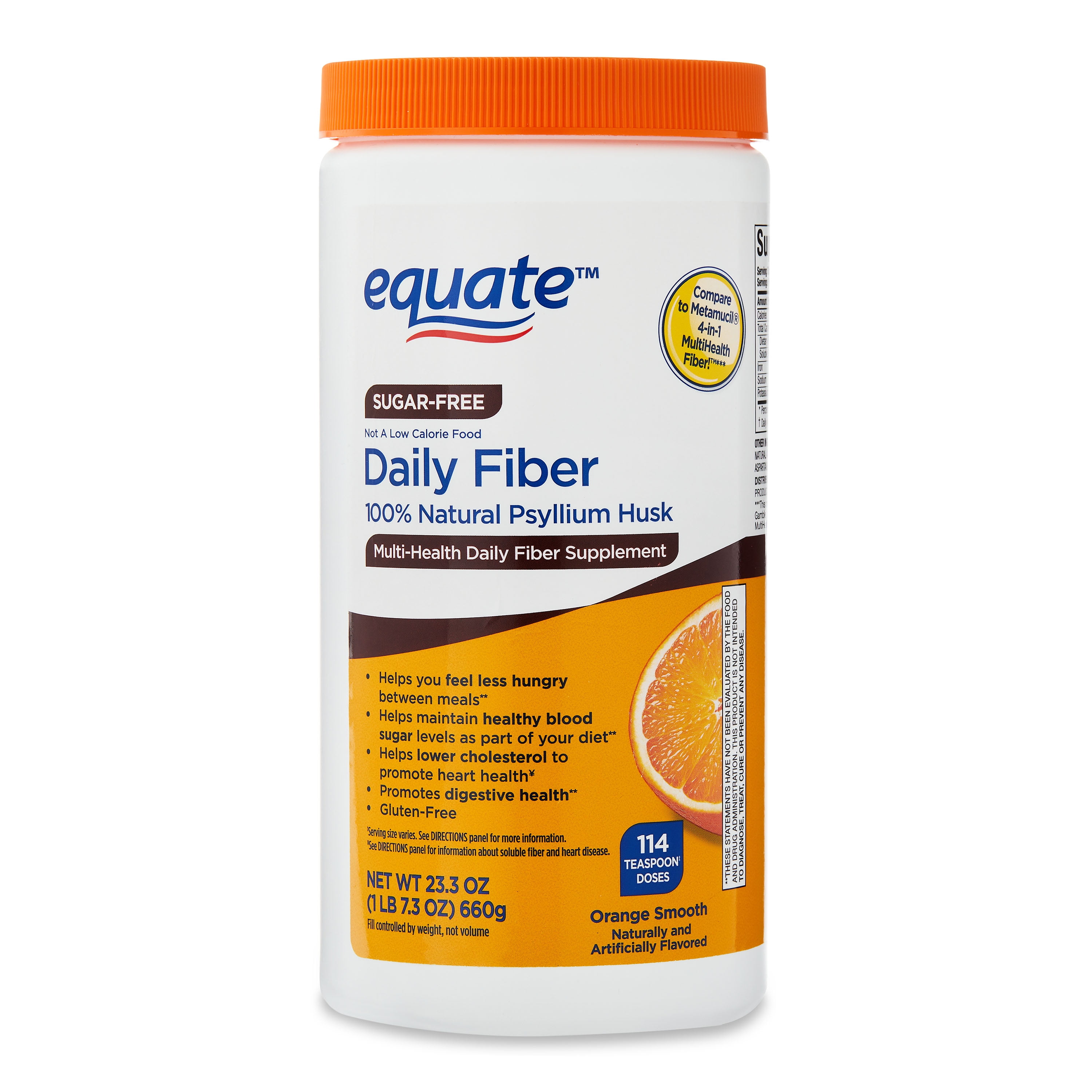 Equate Psyllium Husk Fiber Orange Powder, Sugar-Free Daily Fiber Supplement - 114 Doses