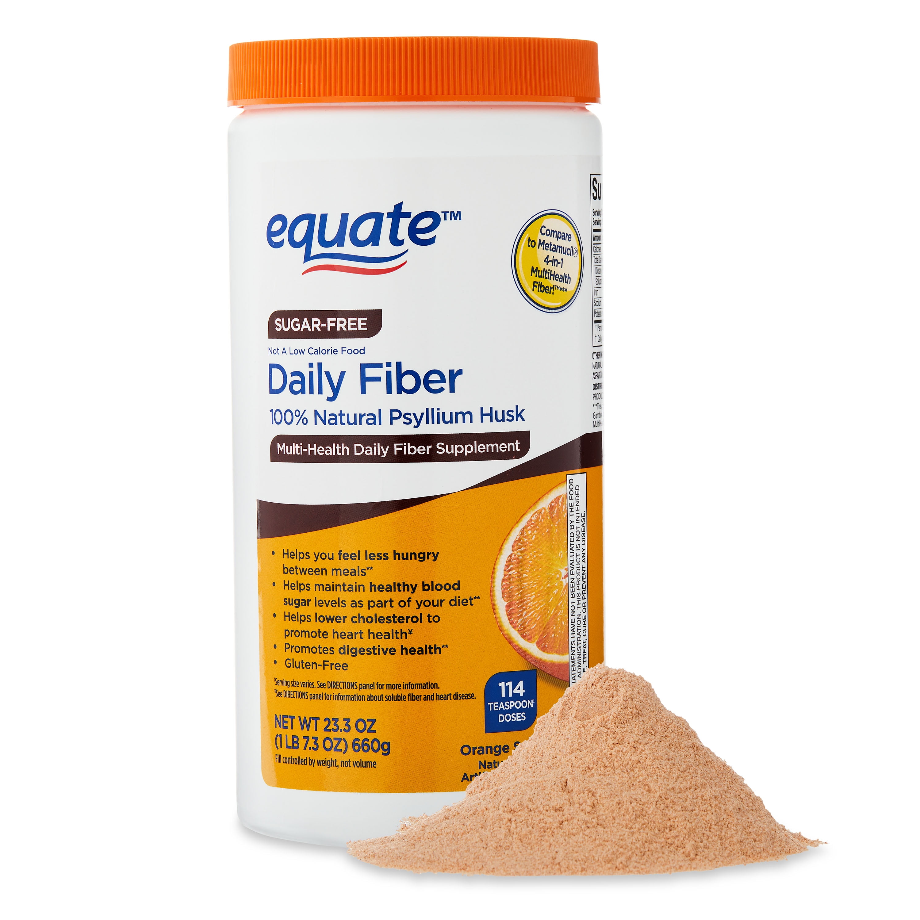 Equate Psyllium Husk Fiber Orange Powder, Sugar-Free Daily Fiber Supplement - 114 Doses