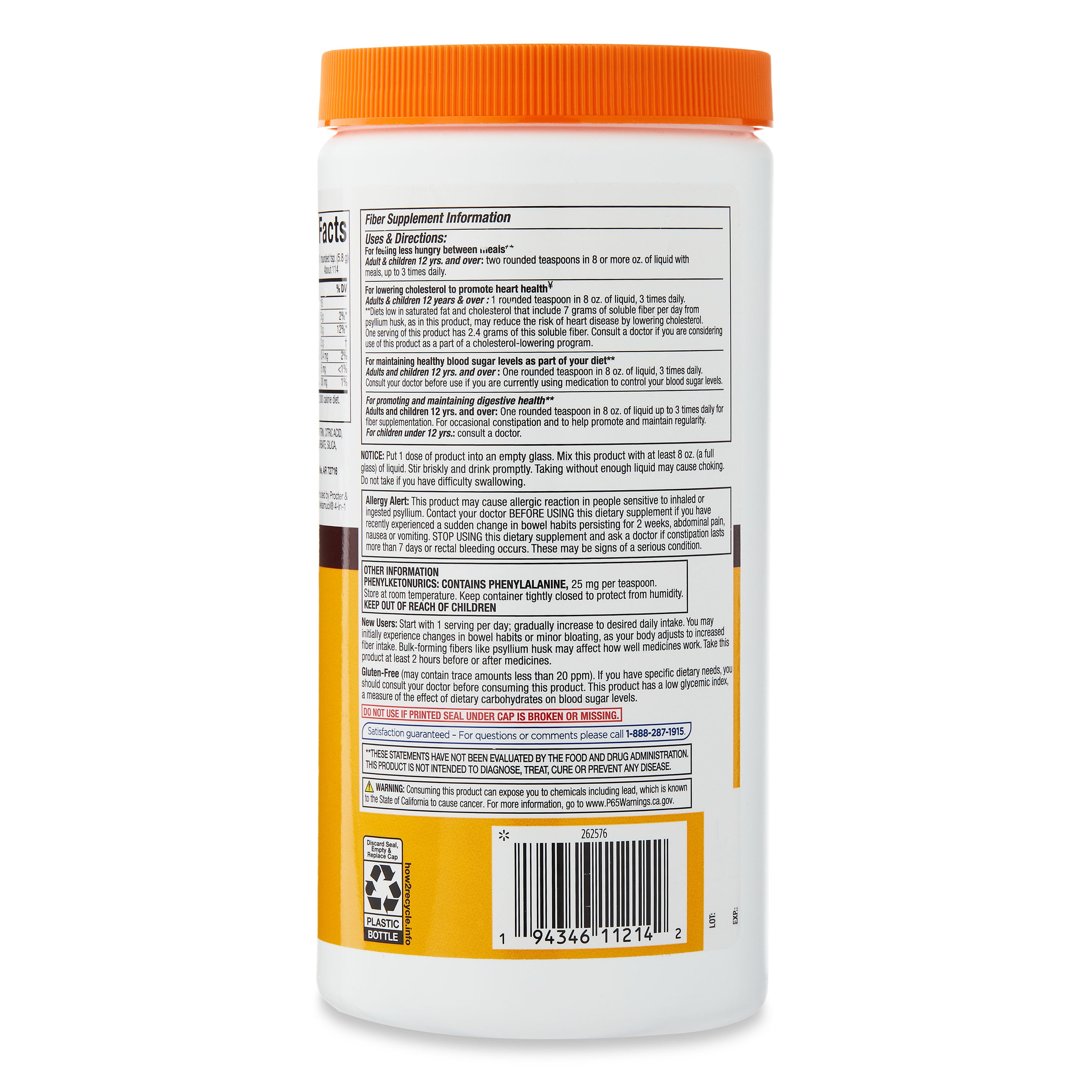Equate Psyllium Husk Fiber Orange Powder, Sugar-Free Daily Fiber Supplement - 114 Doses