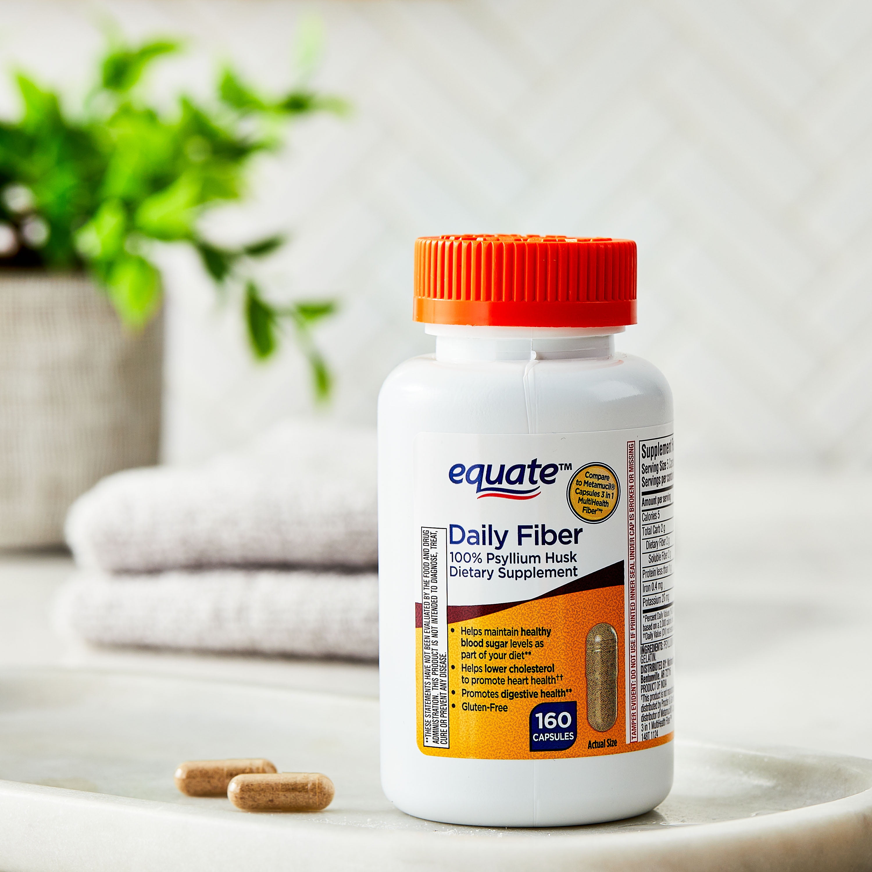 Equate Psyllium Husk Fiber Supplement, 160 Capsules - 100% Daily Dietary Fiber