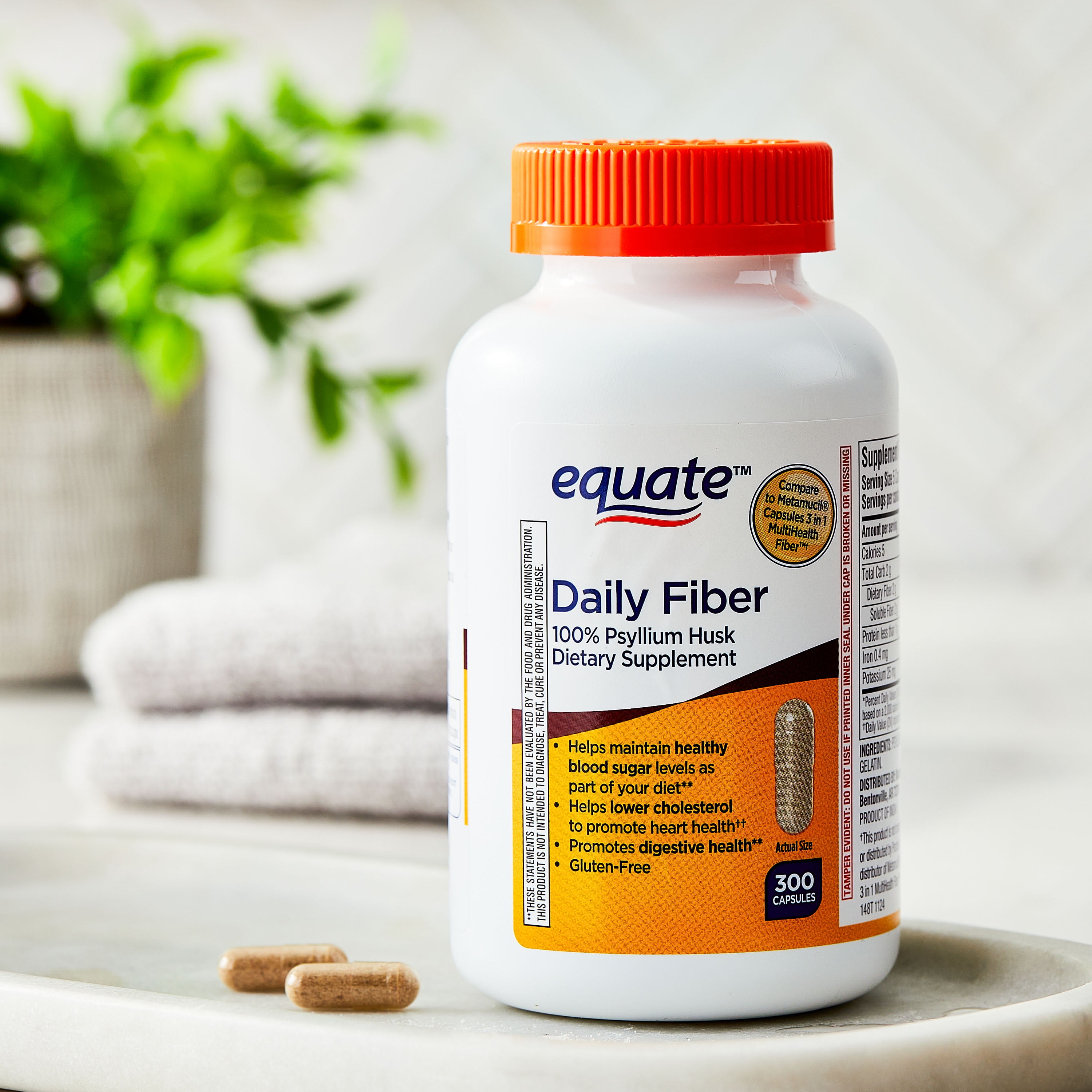 Equate 100% Psyllium Husk Fiber Supplement, 300 Capsules - Daily Dietary