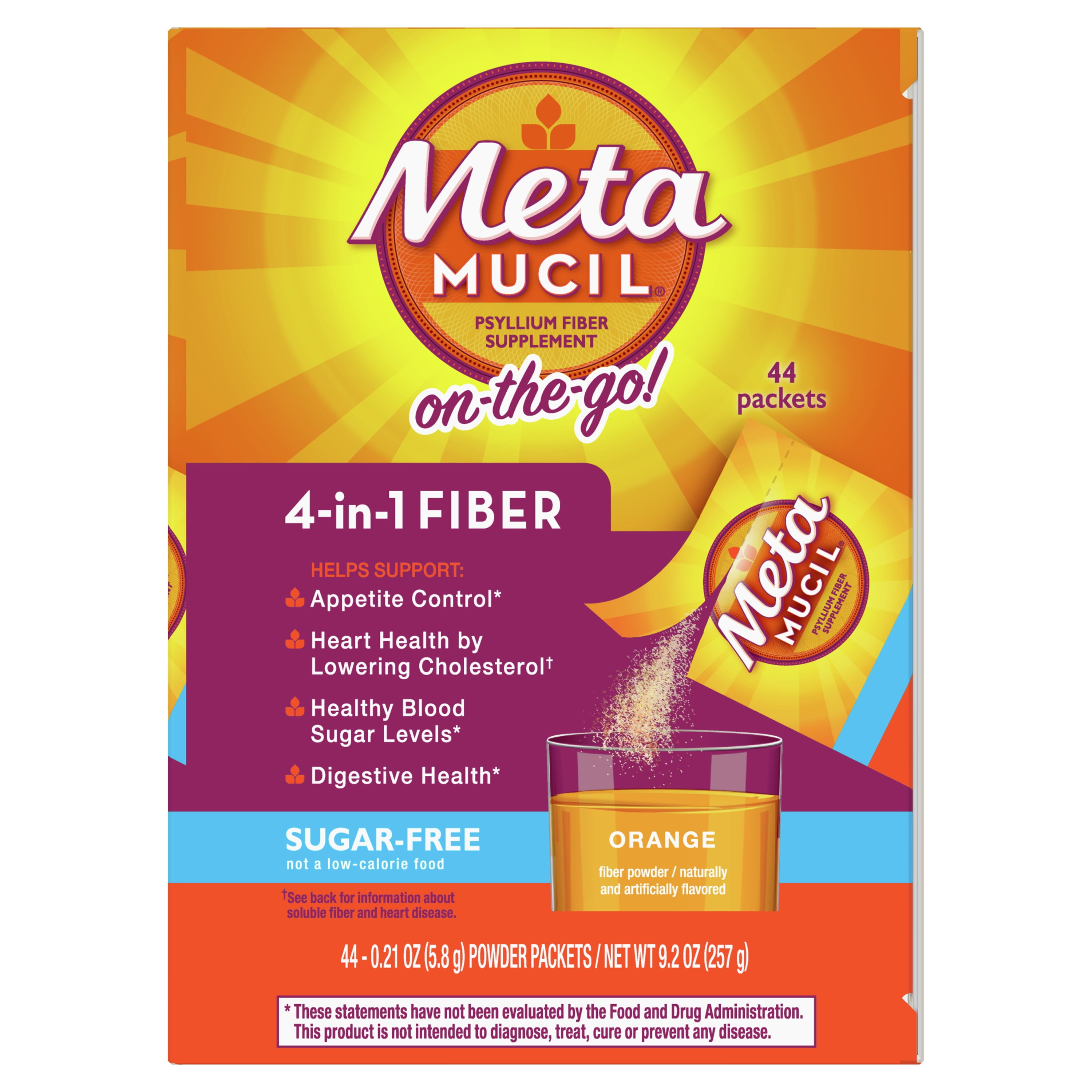 Metamucil Fiber Supplement Packets - Digestive Health Powder, Sugar Free Orange - 44 Count