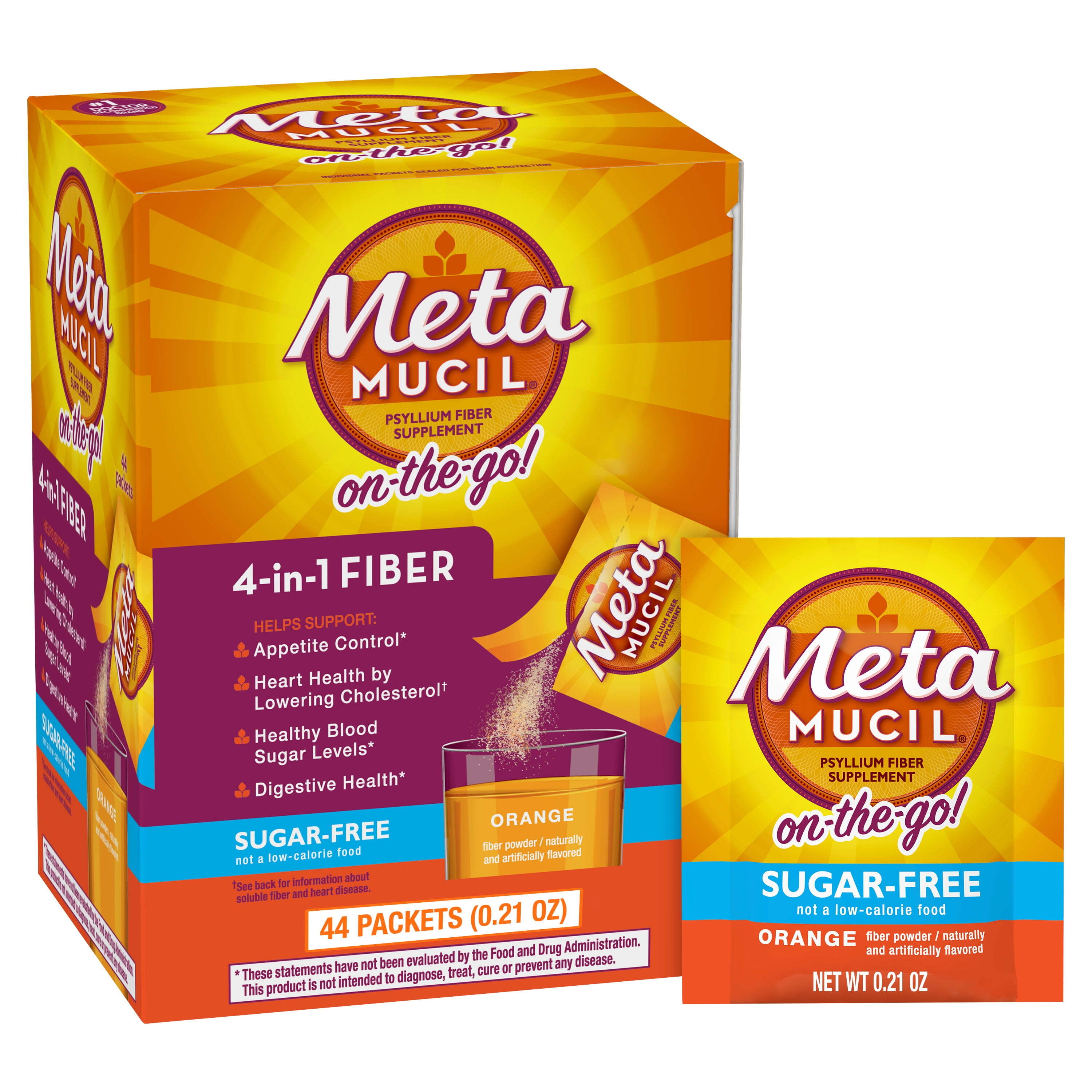 Metamucil Fiber Supplement Packets - Digestive Health Powder, Sugar Free Orange - 44 Count
