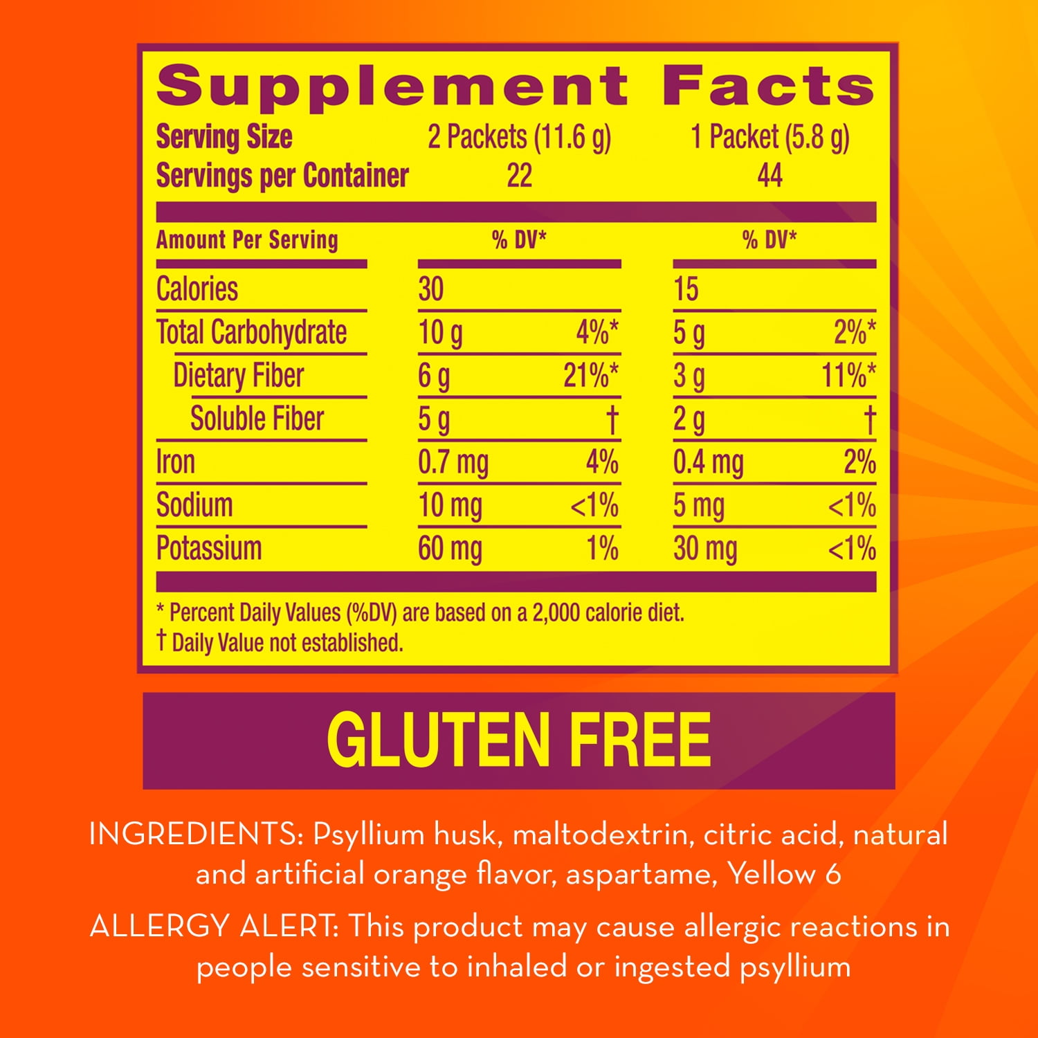 Metamucil Fiber Supplement Packets - Digestive Health Powder, Sugar Free Orange - 44 Count