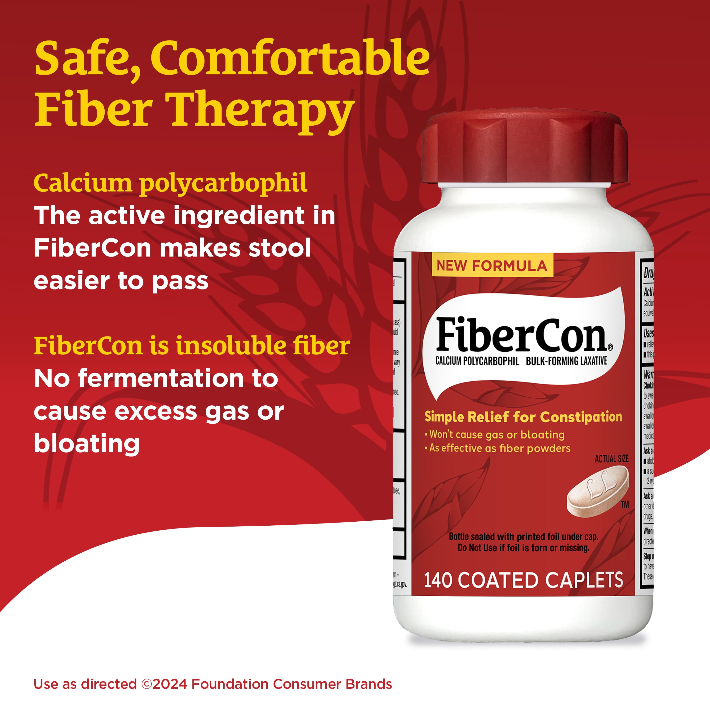 FiberCon Fiber Therapy Caplets - Constipation Relief, 140 Coated Tablets