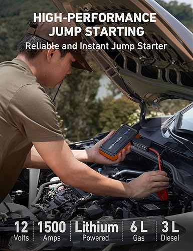 AstroAl 1500A Peak Car Battery Jump Starter for Gas & Diesel Engines, Portable 12V Jump Box with Flashlight & Jumper Cable (Orange)