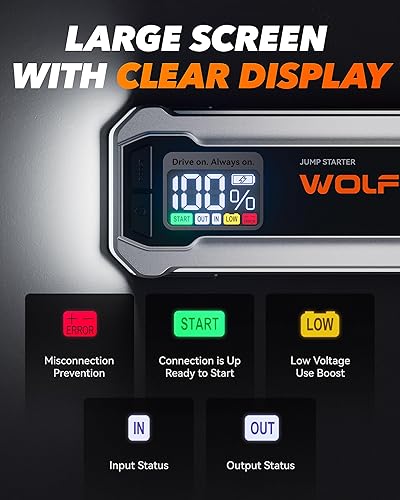 WOLFBOX 4000A Jump Starter with Quick Charger & LED Display - Portable 24000mAh Battery Pack for Cars - Boost Engine & Light Included
