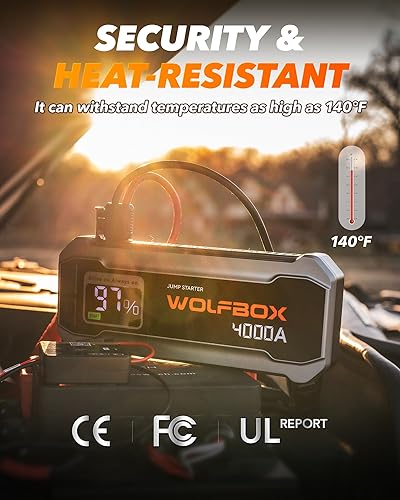 WOLFBOX 4000A Jump Starter with Quick Charger & LED Display - Portable 24000mAh Battery Pack for Cars - Boost Engine & Light Included