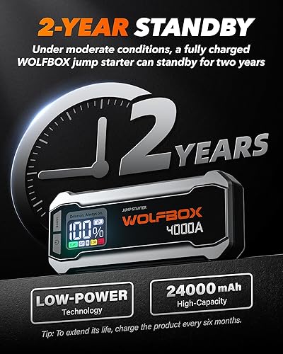 WOLFBOX 4000A Jump Starter with Quick Charger & LED Display - Portable 24000mAh Battery Pack for Cars - Boost Engine & Light Included