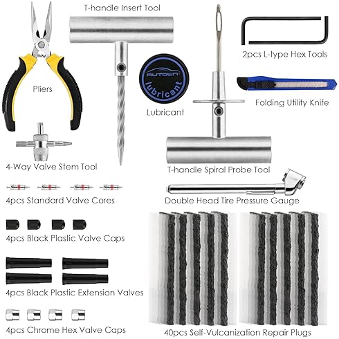 Autown Heavy Duty Tire Repair Kit - 68pcs Universal Tools for Car, Motorcycle, Truck, ATV, RV, SUV - Fix Punctures, Plug Flats
