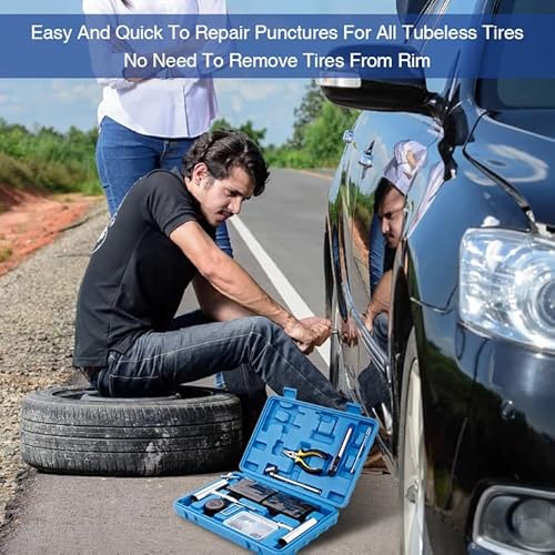 Autown Heavy Duty Tire Repair Kit - 68pcs Universal Tools for Car, Motorcycle, Truck, ATV, RV, SUV - Fix Punctures, Plug Flats