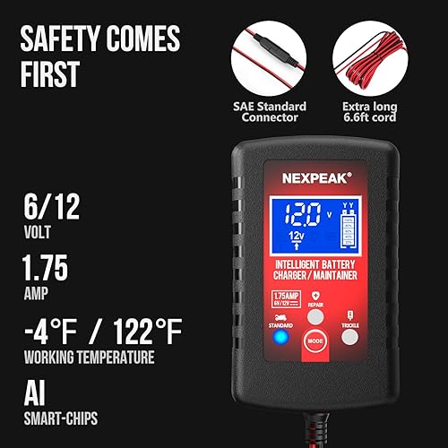 NEXPEAK Smart 1.75-Amp Car Battery Charger for 6V & 12V Lead Acid Batteries