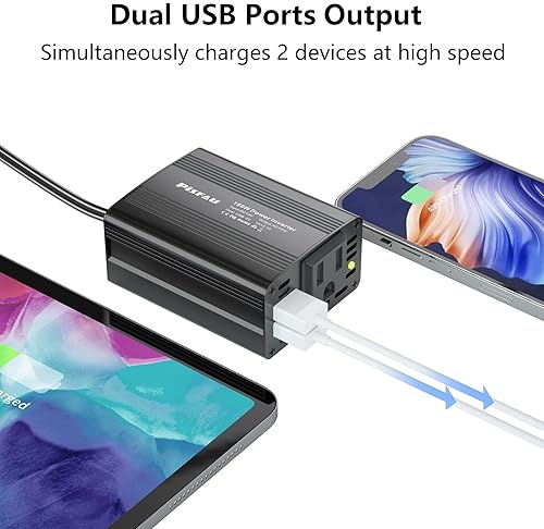 Pisfau 150W Car Power Inverter with Dual USB Charger for Laptop - Black