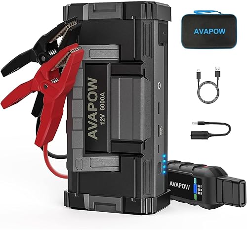 Avapow Powerful 6000A Car Battery Jump Starter with Dual USB Quick Charge - For All Gas & up to 12L Diesel