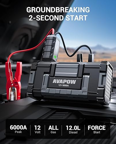 Avapow Powerful 6000A Car Battery Jump Starter with Dual USB Quick Charge - For All Gas & up to 12L Diesel