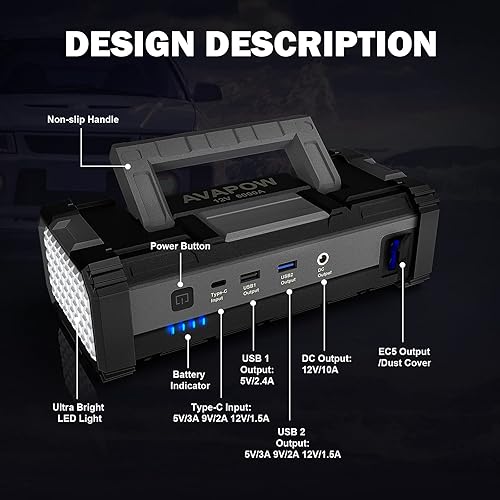 Avapow Powerful 6000A Car Battery Jump Starter with Dual USB Quick Charge - For All Gas & up to 12L Diesel