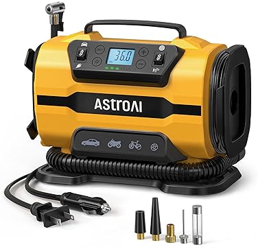 AstroAI Portable Tire Inflator Pump 150PSI 12V/110V Dual Motor LED Light, Car/Bike/Air Mattress Yellow