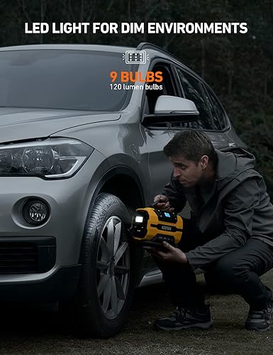 AstroAI Portable Tire Inflator Pump 150PSI 12V/110V Dual Motor LED Light, Car/Bike/Air Mattress Yellow