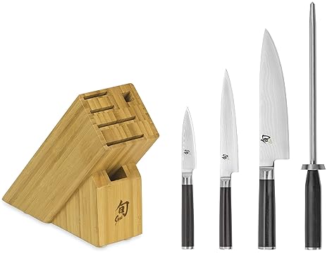 Shun Classic 5-Piece Knife Block Set: Chef, Paring, Utility Knives - Handcrafted Japanese Damascus Steel