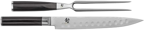 SHUN CLASSIC 2 PIECE CARVING SET: 9" HOLLOW GROUND SLICING KNIFE & CARVING FORK, JAPANESE VG-MAX CORE