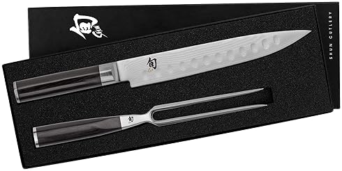 SHUN CLASSIC 2 PIECE CARVING SET: 9" HOLLOW GROUND SLICING KNIFE & CARVING FORK, JAPANESE VG-MAX CORE