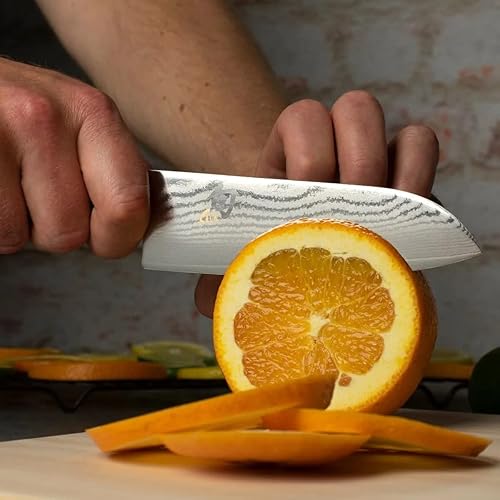Shun Classic 5.5" Santoku Knife with VG-MAX Core and Damascus Cladding, Pakkawood Handle: Versatile Japanese Cutting Tool