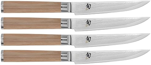 Shun Classic Blonde Steak Knife Set - 4 Piece Japanese VG-MAX Knives, Damascus Steel, Pakkawood Handle