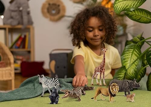 Schleich Wild Life Safari Animals Figurines Set - Lion, Giraffe, Zebra, Monkey, Rhino, Cheetah Cub Toys - Realistic Playset for Kids 3+ - 77587
