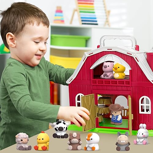RED BARN FARM ANIMAL PLAYSET FOR 1-3 YEAR OLDS, MONTESSORI LEARNING TOYS